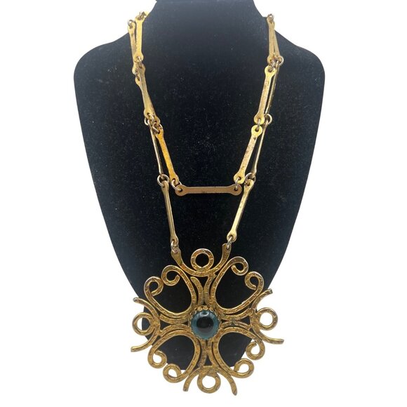 Jewelry - Vintage Gold-Tone Statement Necklace Blue Glass Peacock Eye Style Brutalist 29"